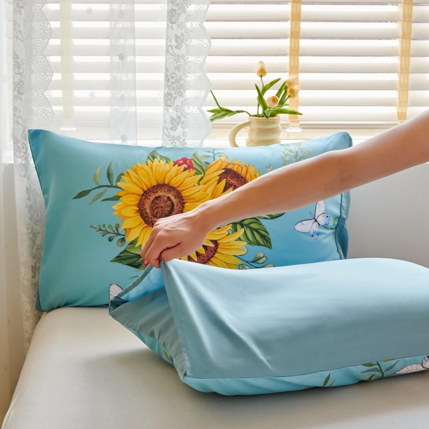 Juego de edredón de girasol azul con mariposa, juego de ropa de cama floral amarillo de 3 piezas, juego de ropa de cama tamaño Queen de granja,