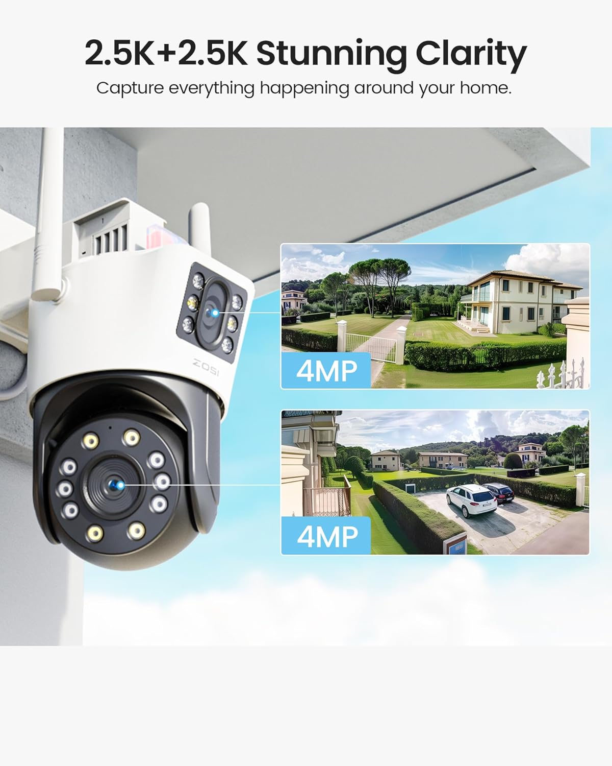 ZOSI C298 Pro 4K 8MP Dual-Lens (2x4MP) Cámara de seguridad WiFi PT con cable al aire libre, cámara enchufable panorámica de visión 360inclinación,