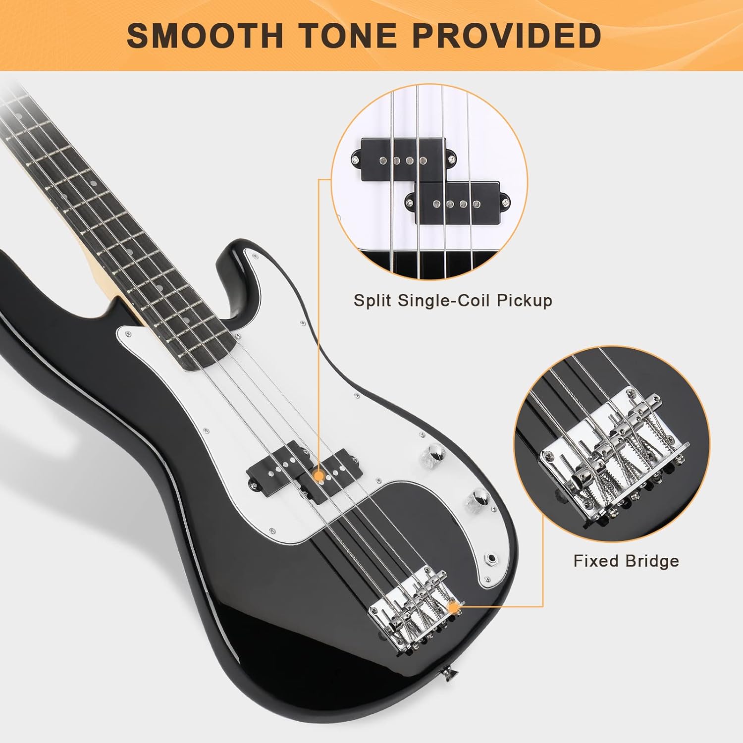 GLARRY Kit para principiantes de bajo eléctrico de tamaño completo de 4 cuerdas con AMP, cable, correa, bolsa y accesorios (negro)