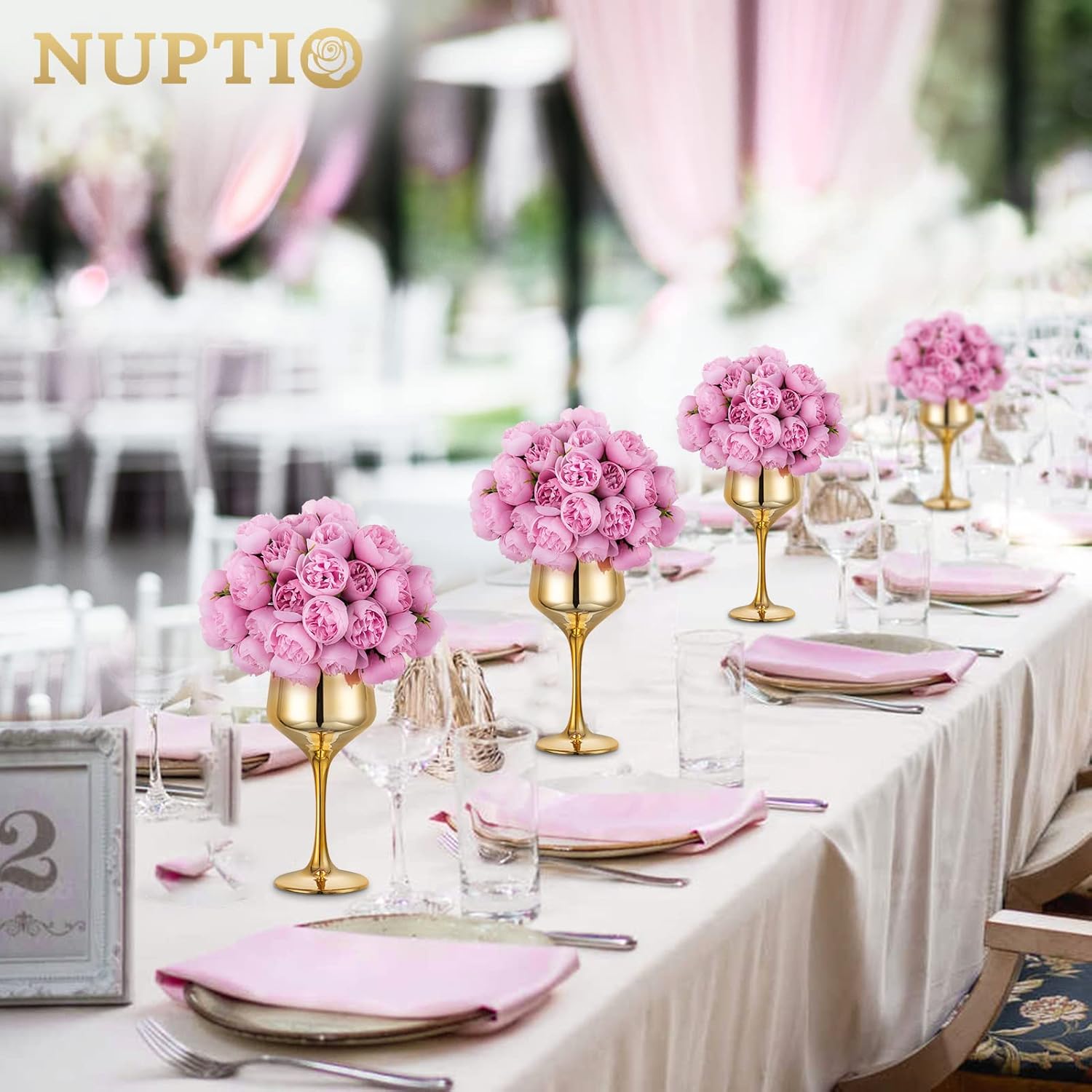 NUPTIO Jarrones pequeños de vidrio con flores 2 juegos de jarrones dorados de 8.3 pulgadas con flores artificiales de color rojo rosa para centros