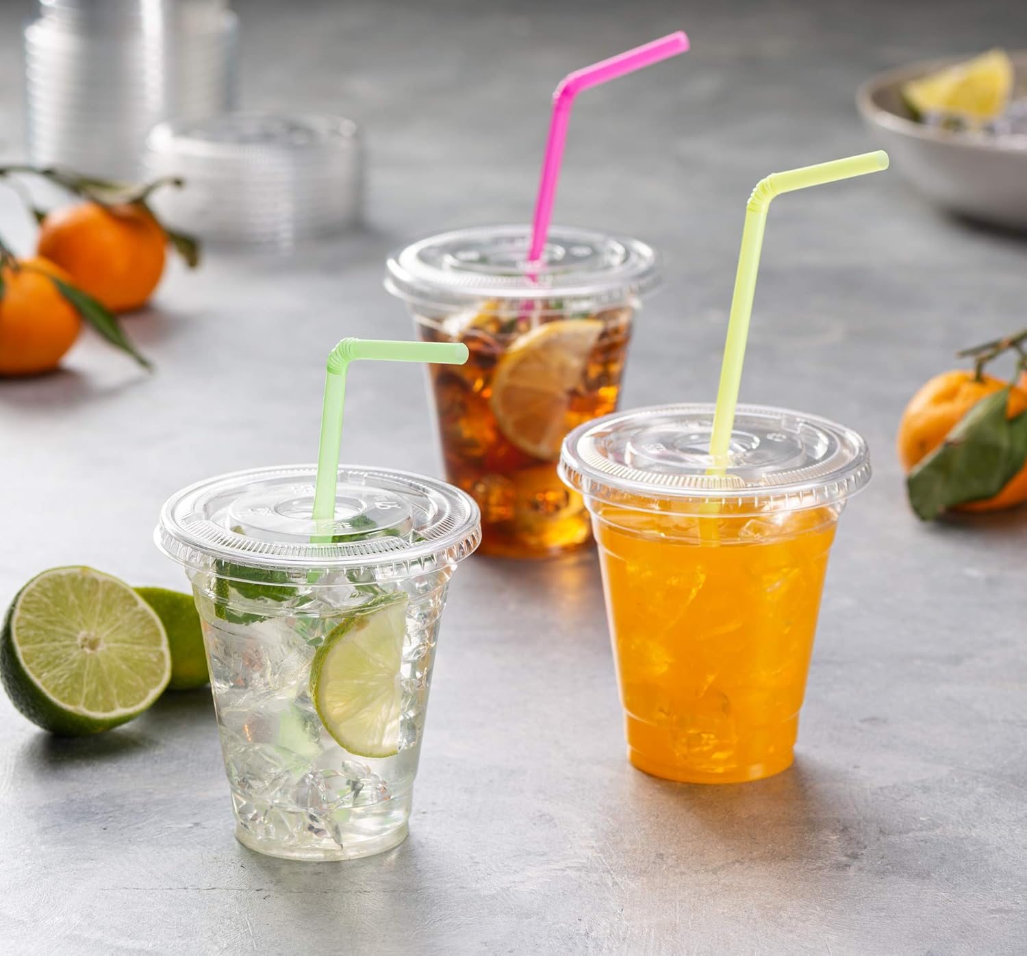 ELEGANT DISPOSABLES 50 juegos  12 onzas Vasos de plástico transparente para mascotas con tapas planas para café helado, bebidas frías, batidos,