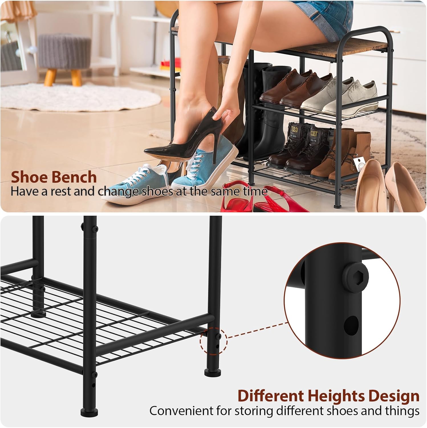 YBING Zapatero de 3 niveles para entrada, pequeño estante organizador de almacenamiento de zapatos de metal con banco de madera para 6 pares de