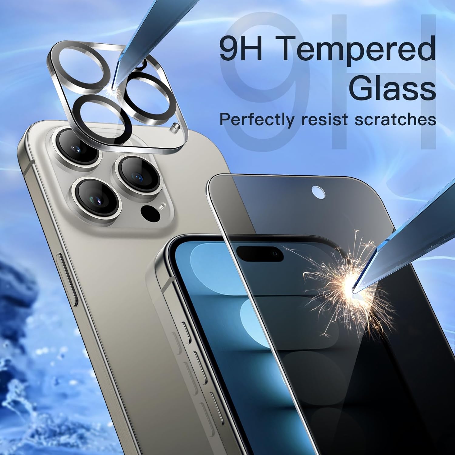 JETech Protector de pantalla de privacidad para iPhone 15 Pro Max de 6.7 pulgadas con protector de lente de cámara, película de vidrio templado
