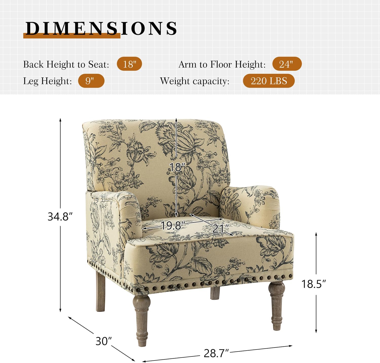 HULALA HOME Sillón moderno con patas de madera y ribete de cabeza de clavo, cómoda silla decorativa tapizada para sala de estar y dormitorio