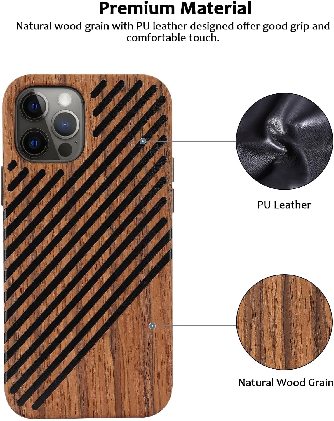 ZZDZZ Funda magnética compatible con iPhone 12 Pro  iPhone 12 compatible con MagSafe diseño de madera y cuero, funda híbrida de TPU a prueba de