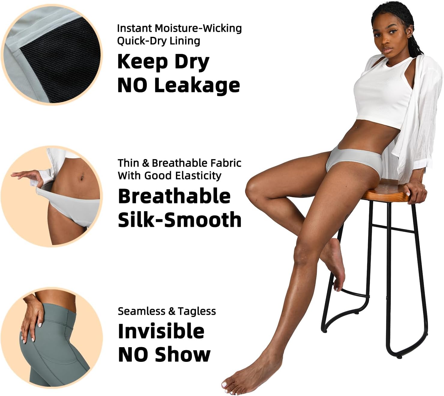 Ropa interior de período sin costuras, ropa interior para incontinencia, bikini para período, a prueba de fugas, 1.0 fl oz de absorción, paquete de
