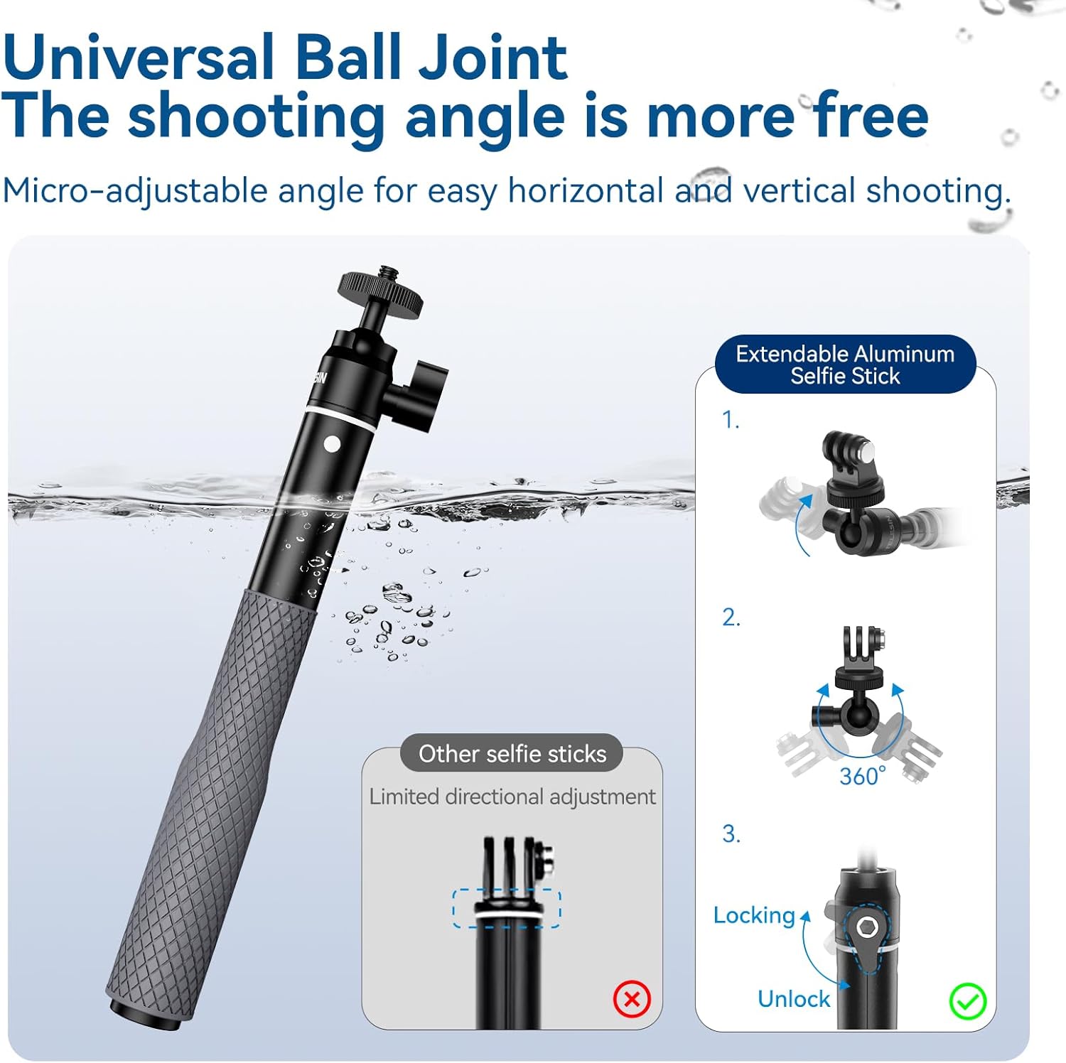 Telesin 360 impermeable selfie stick 25.75 “w correa de mano submarina buceo extensión palo palo monopod para GoPro Max 12 11 10 9 8 7 Insta360 X3