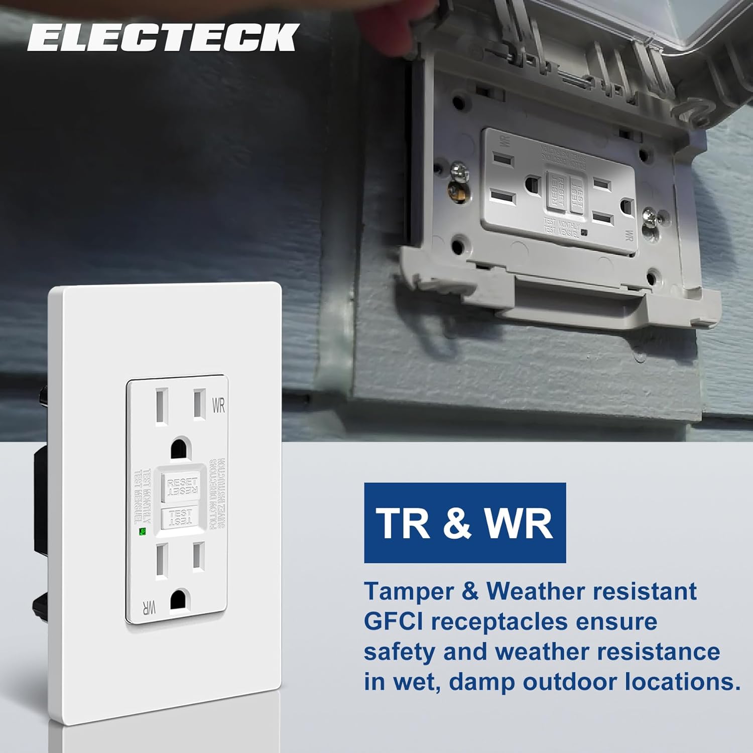 ELECTECK Tomas GFCI para exteriores de 15 amperios, resistentes a la intemperie (WR), receptáculos GFI de autoprueba con indicador LED, interruptor