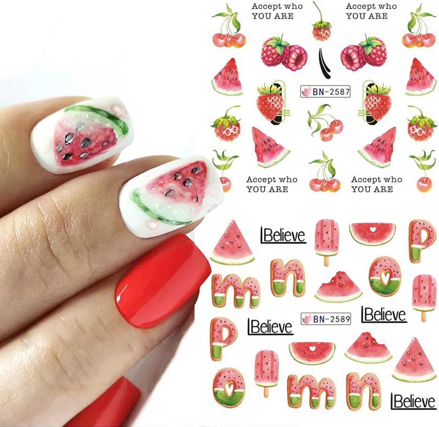 12 hojas de calcomanías para uñas de frutas, manzana, naranja, melocotón, sandía, diseño, transferencia de agua, calcomanías holográficas, arte de