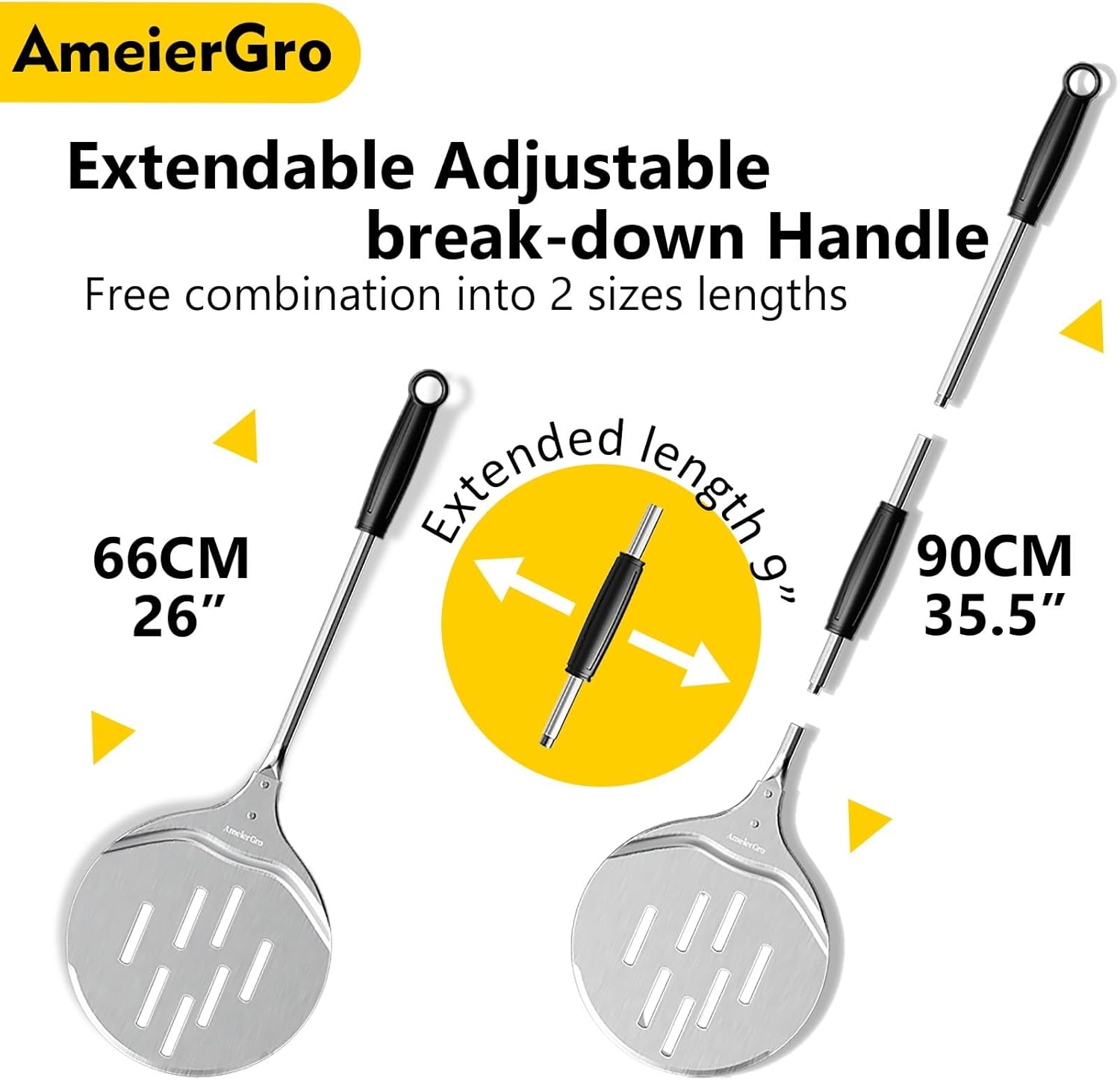 AmeierGro Pala giratoria y giradora de pizza de 9 pulgadas, accesorios para horno de pizza, cucharas giratorias de pizza Pala con mango extensible