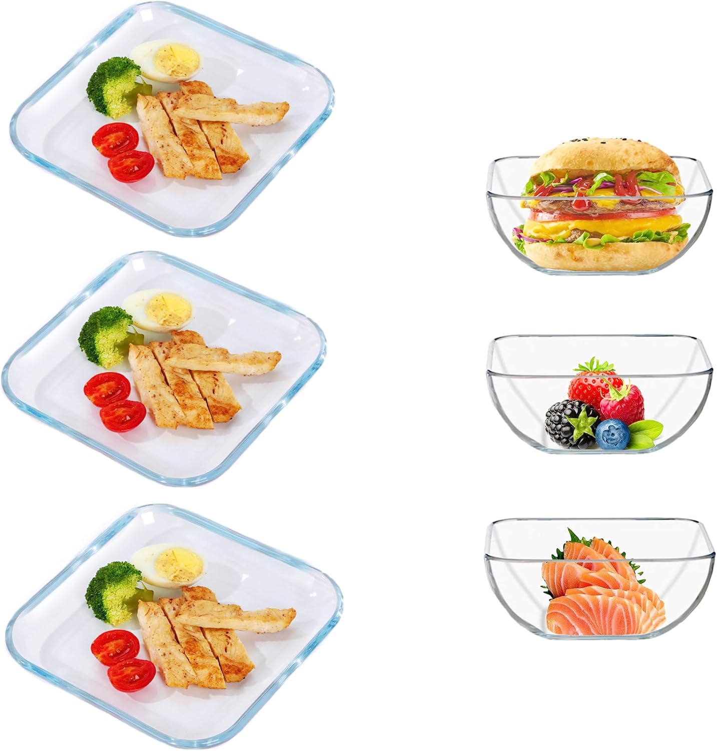 Juego de platos de postre y cuencos de vidrio templado para ensalada, incluye cuenco cuadrado de 5 pulgadas y plato cuadrado de 7 pulgadas, ideal