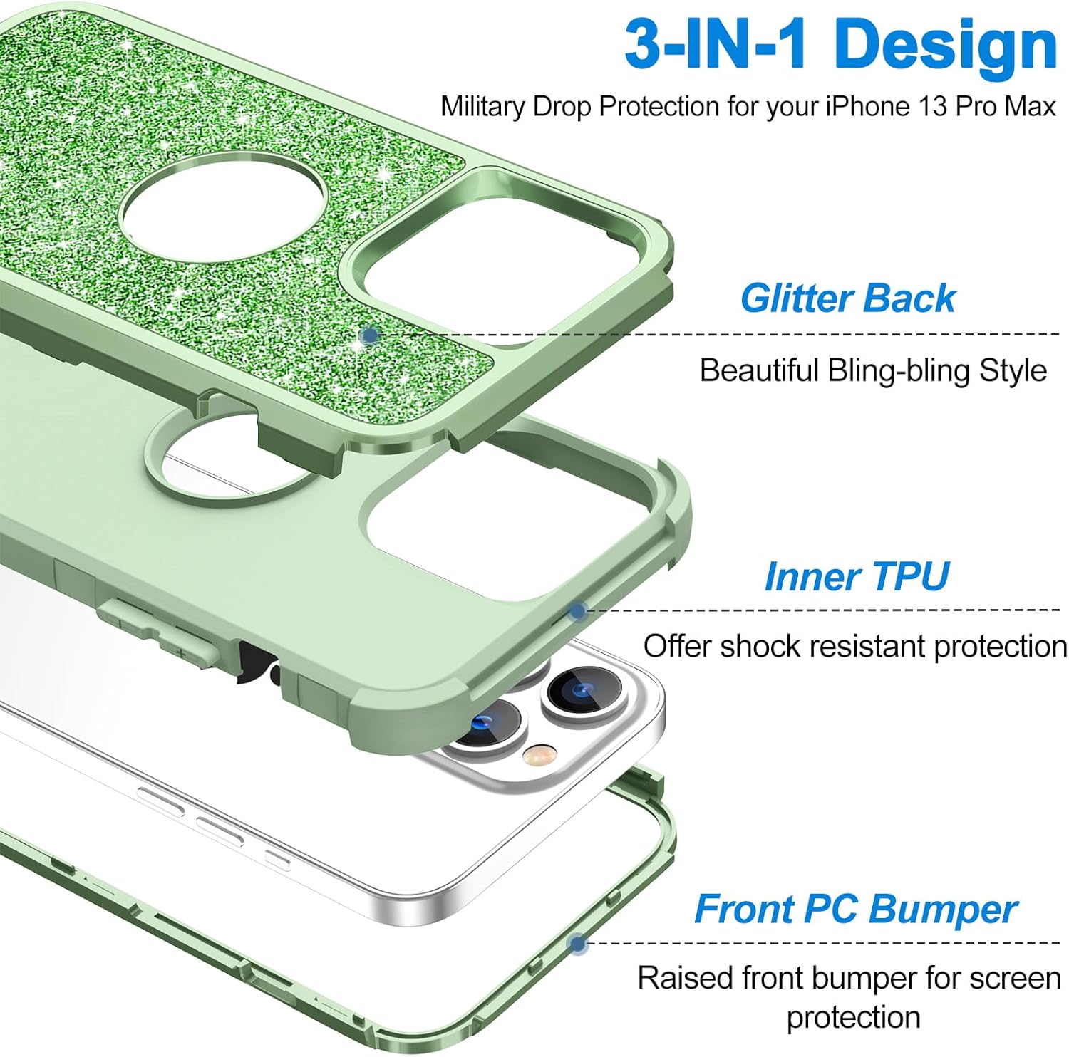 Hython Funda para iPhone 13 Pro Max con purpurina, bonita funda brillante brillante, resistente 3 en 1, híbrida de policarbonato duro suave de