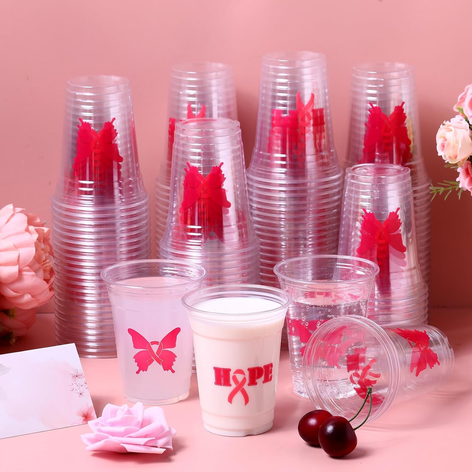 200 vasos de plástico para concientización del cáncer de mama, vasos desechables a granel, vasos de plástico transparente de cinta rosa, vasos de