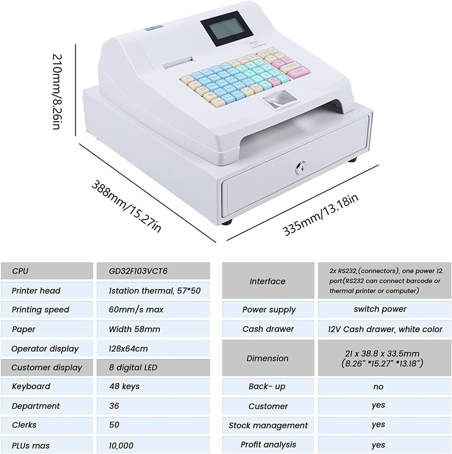 Caja registradora electrónica, sistema de posición LED48-Key con doble pantalla y funciones de impresión, caja registradora electrónica con cajones