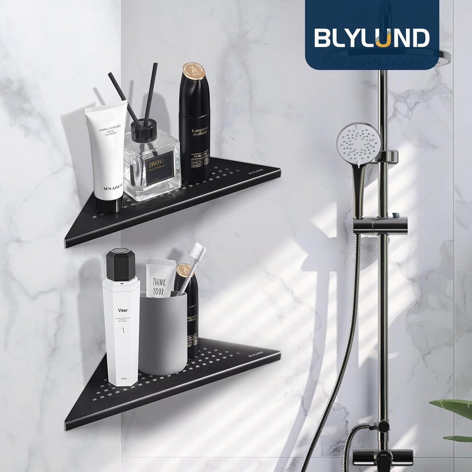 BLYLUND Estantes esquineros de ducha de 10 pulgadas, color negro, paquete de 2, estante esquinero empotrado de acero inoxidable para pared de