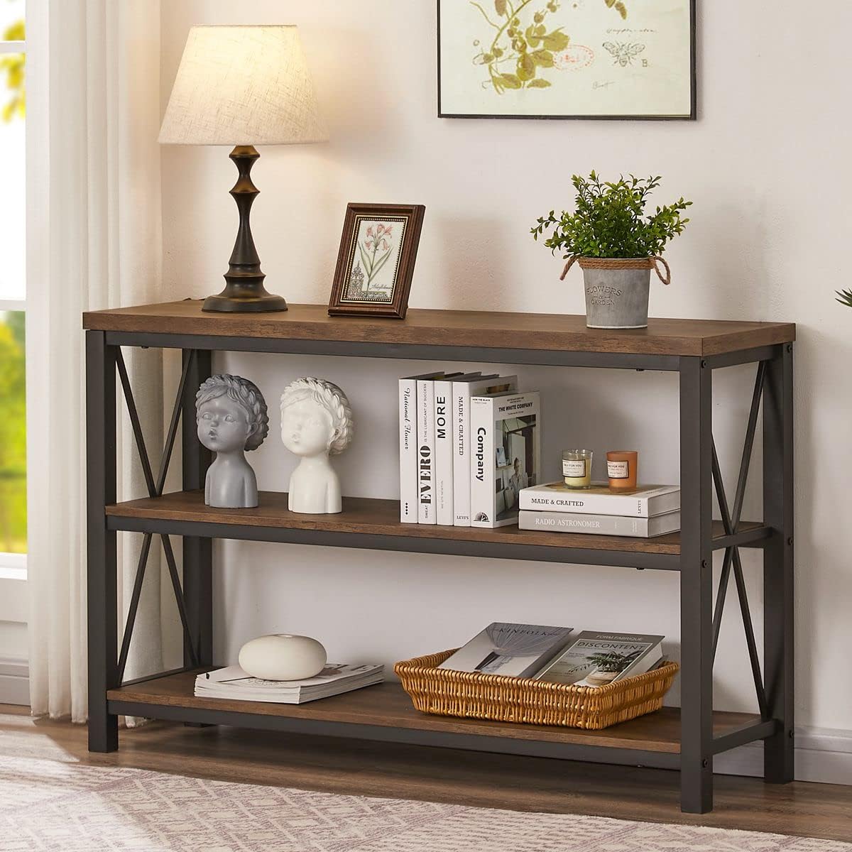 BON AUGURE Mueble de bar de café rústico para el hogar, mesa consola rústica detrás del sofá, juego de muebles de madera y metal para sala de estar