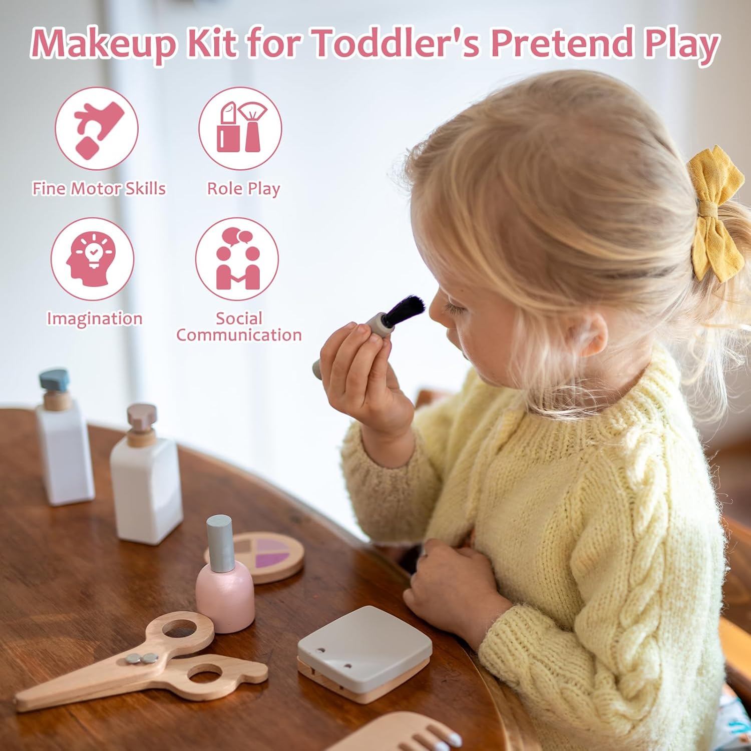 Juego de 22 juguetes de maquillaje de madera para niños pequeños, juguetes de salón de belleza de madera, kit de maquillaje de madera con accesorios