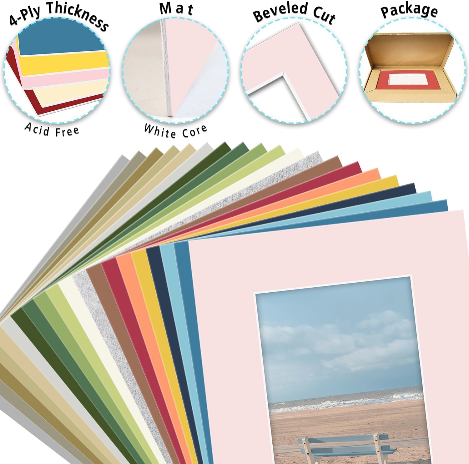 Juego de 20 cartulinas para fotos de 8 x 10 de colores mixtos, con corte biselado en blanco para fotos de 5 x 7