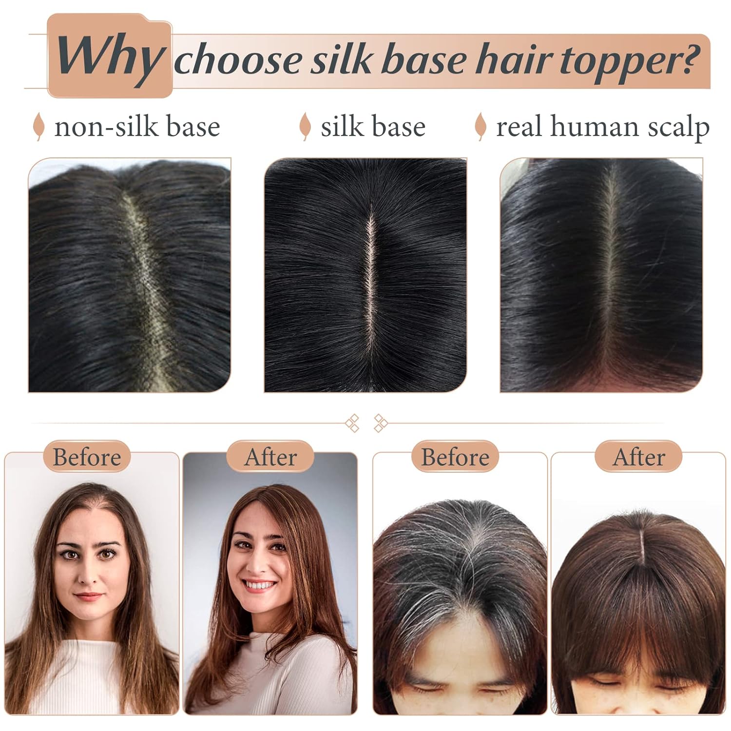 Benehair Toppers para el cabello para mujer, 100% cabello humano real, densidad del 150%, hecho a mano, base de seda, piezas de cabello con clip