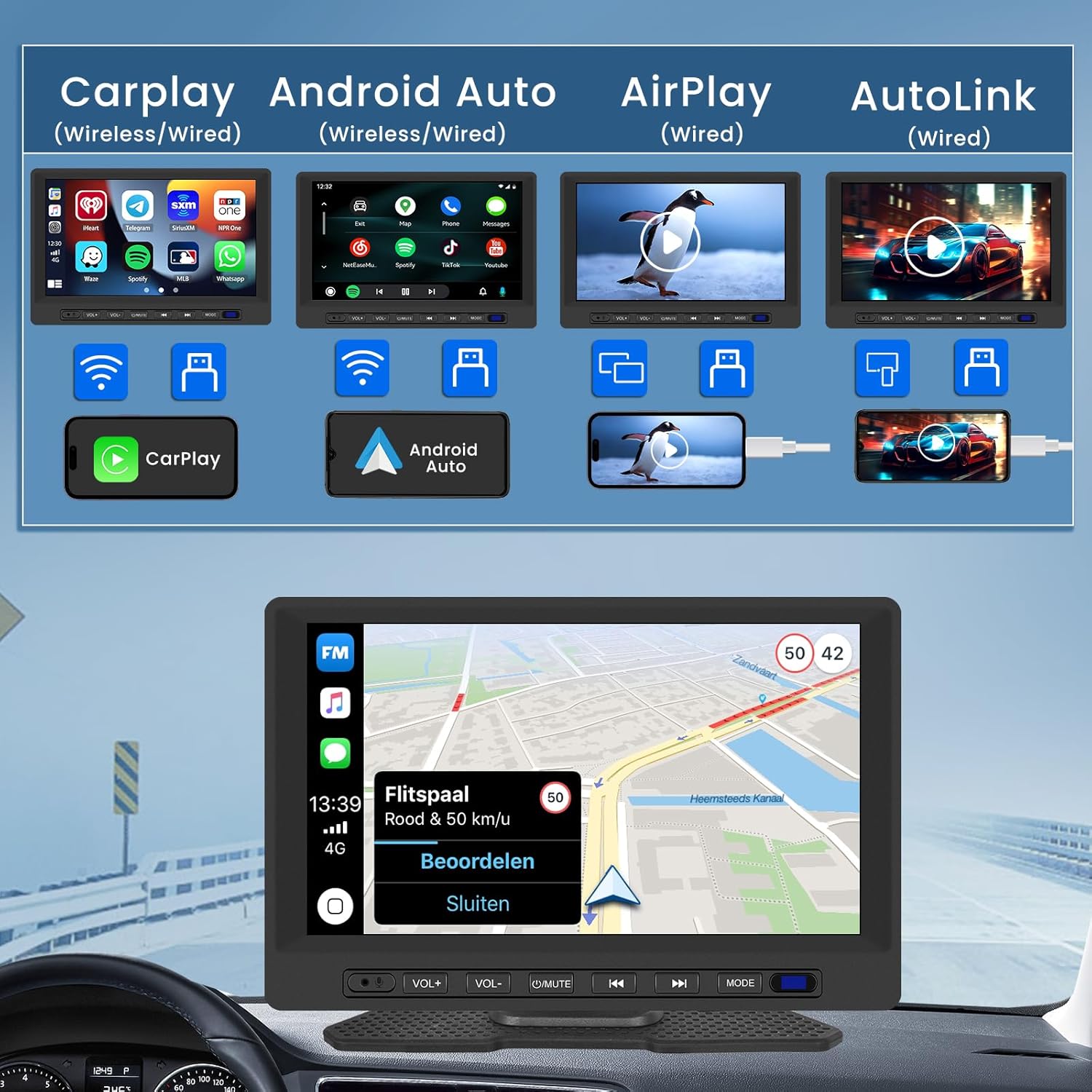 Inefala Estéreo portátil inalámbrico para automóvil Apple CarPlay de 7 pulgadas, soporte para tablero CarPlay con Android Auto, pantalla táctil Full