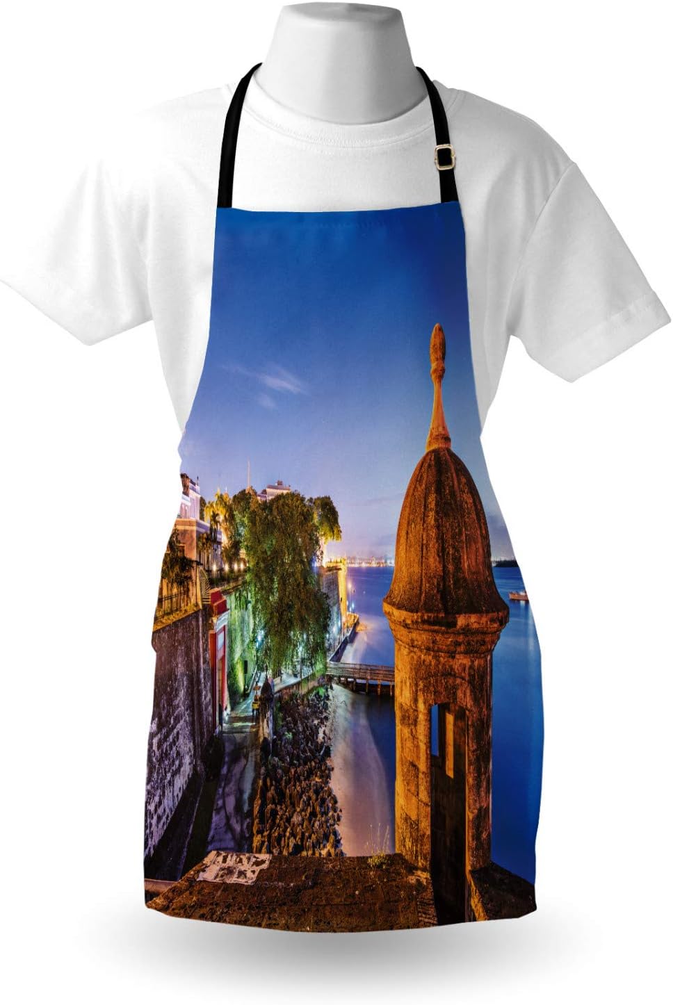 Lunarable Puerto Rico Apron, Coast at Paseo de la Princesa Retro Style Architectural Elements Photography, Unisex Kitchen Bib Apron with Adjustable