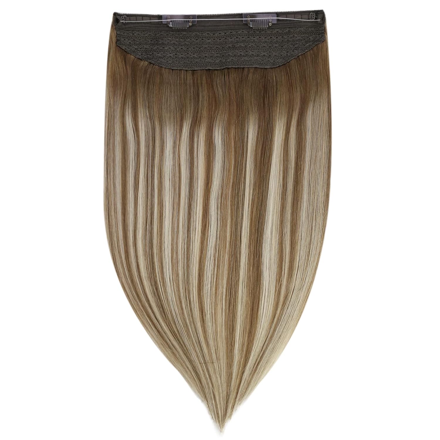 Fshine – Extensiones de cabello humano con alambre invisible, castaño degradado #6606, con hilo de nailon, 20 pulgadas, castaño a rubio platino,