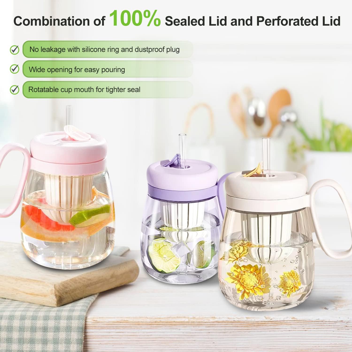 Vaso de vidrio de 30 onzas, regalo festivo para Navidad y día de San Valentín, taza Boba reutilizable con infusor de té, tapa, popote y mango. Ideal