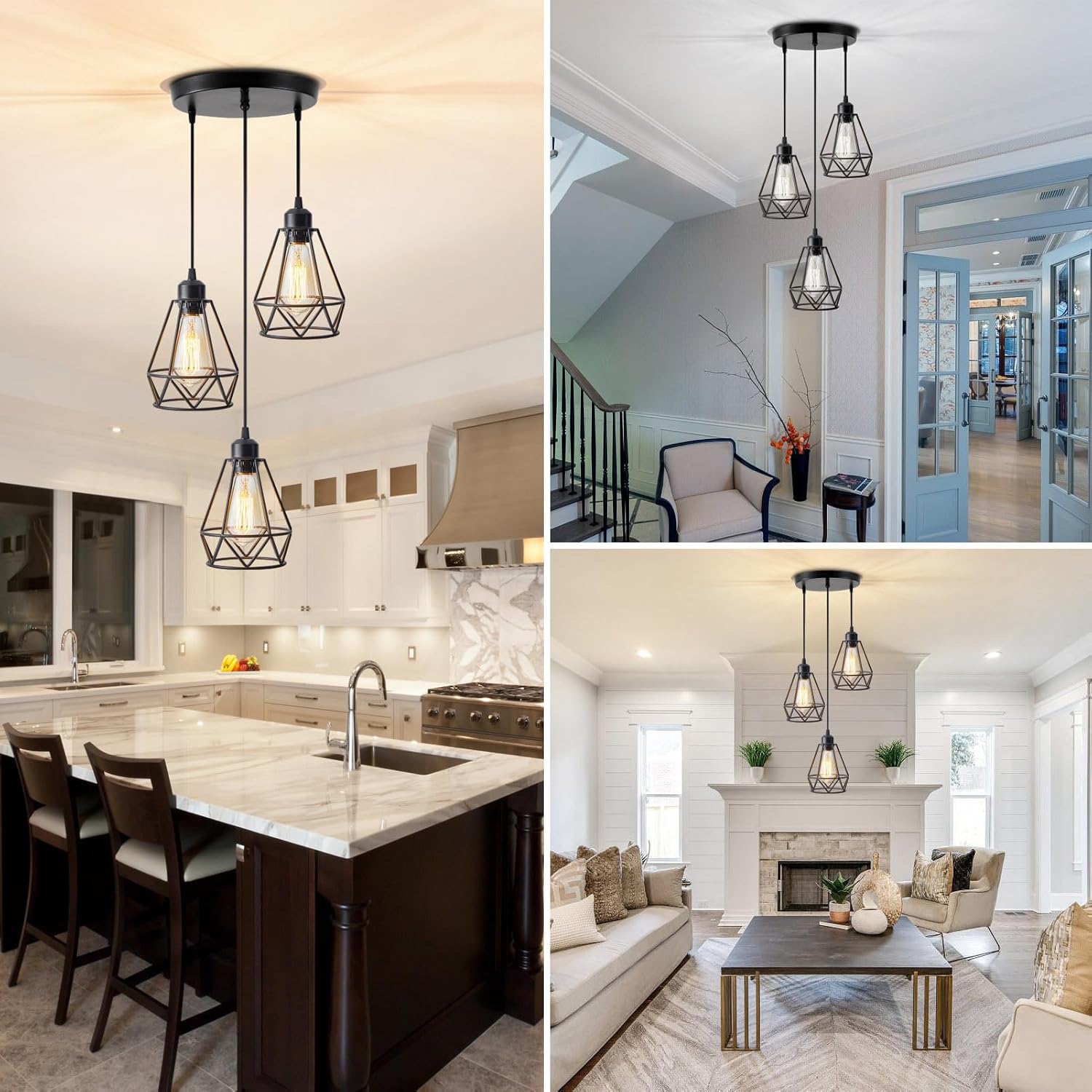 YXTH Lámpara colgante de 3 luces, iluminación colgante colgante de granja, lámpara colgante de isla de cocina industrial ajustable, lámpara de techo
