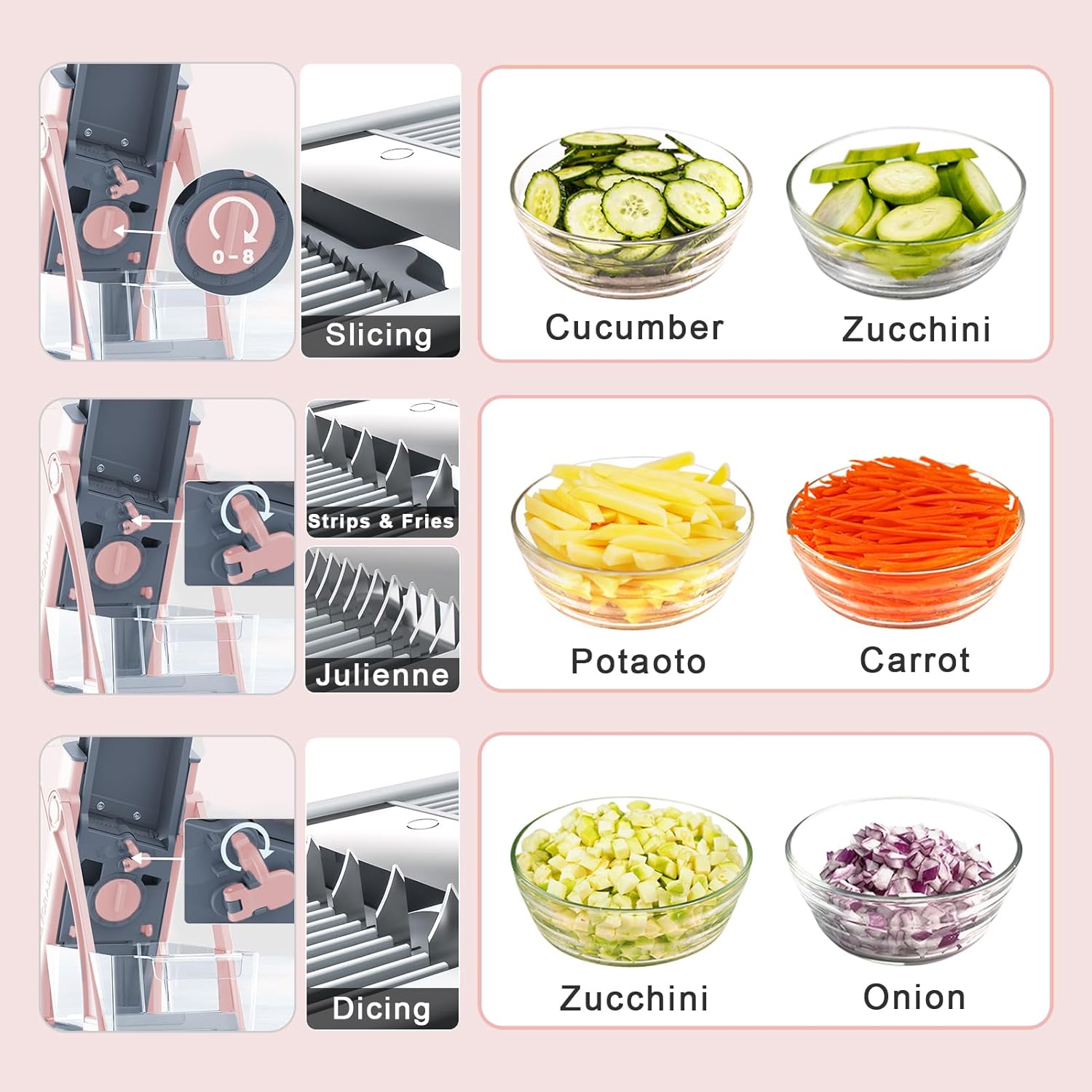 Jonscook Cortador de alimentos con mandolina segura para cocina, picadora de verduras con grosor ajustable, cortador de verduras multifuncional,