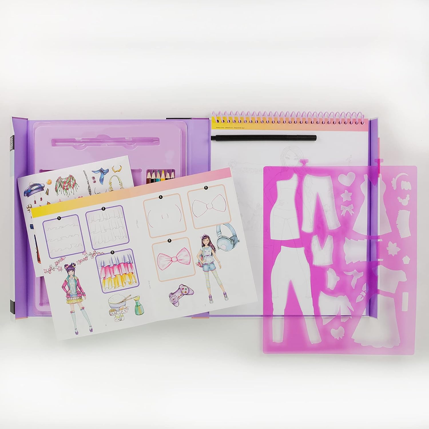 Style Me Up Plantilla y estilo de moda, kit de arte para niños, incluye 30 plantillas de modelos para elegir, más de 80 plantillas de moda para