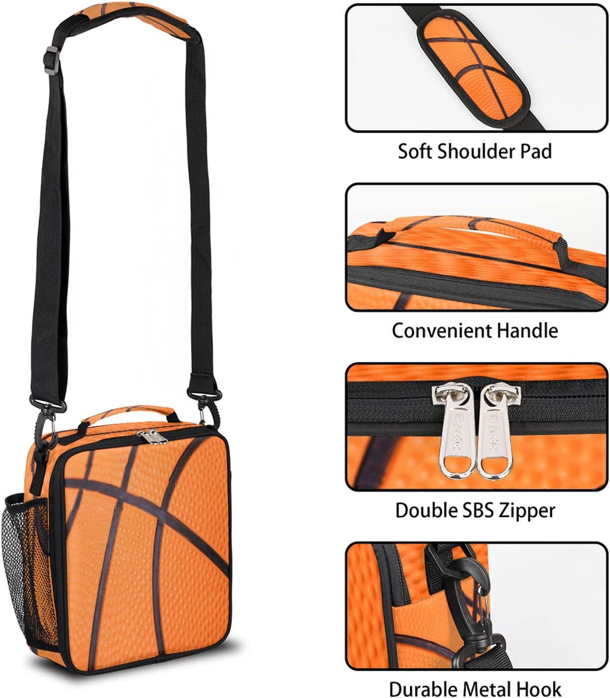 Lonchera de baloncesto para niños, con textura de baloncesto, bolsa de almuerzo aislada para niñas y niños, hielera deportiva, bolsa de preparación