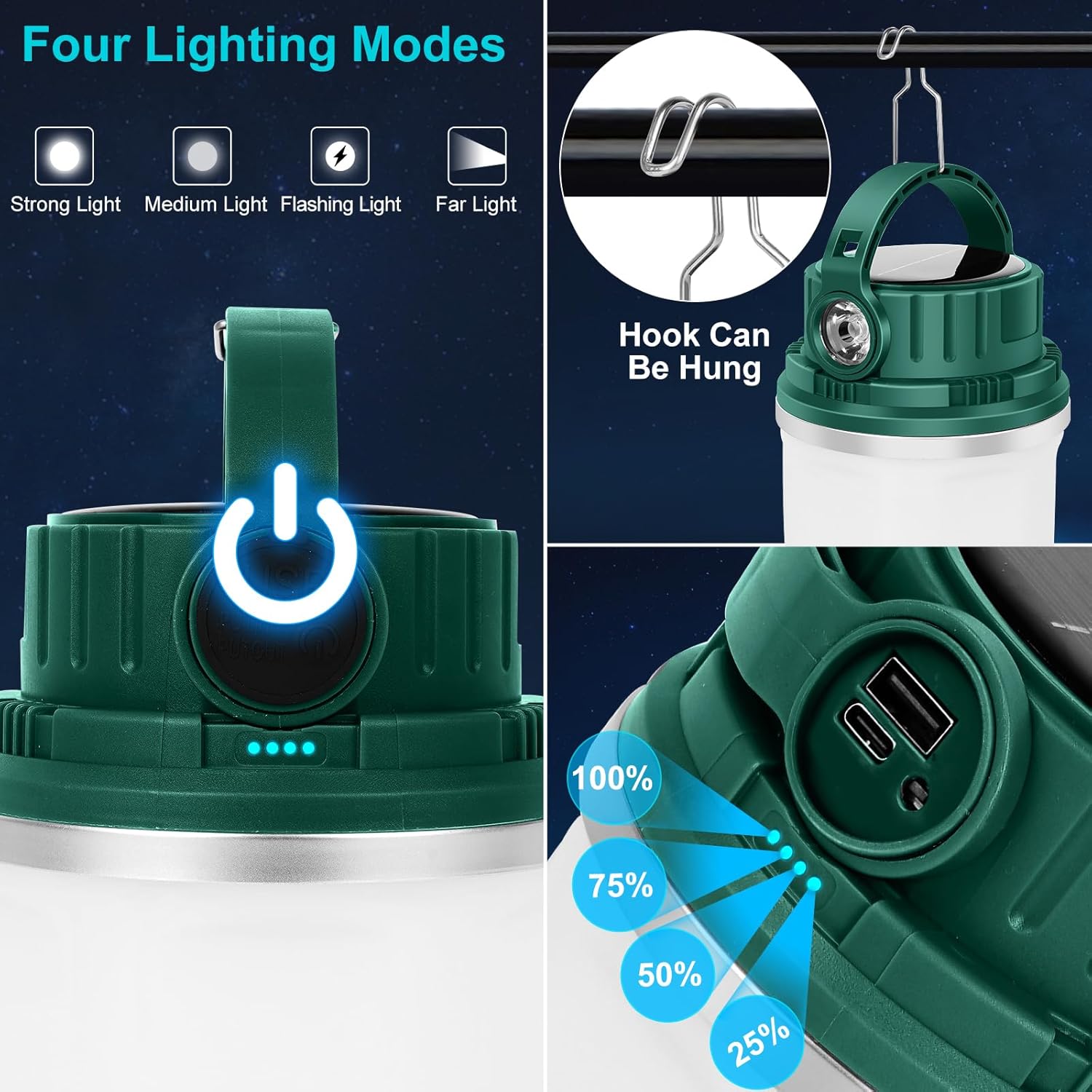 Faroles de campamento de energía solar recargable por USB, mini linterna de luz portátil para emergencias, 5500 mAh batería recargable de gran