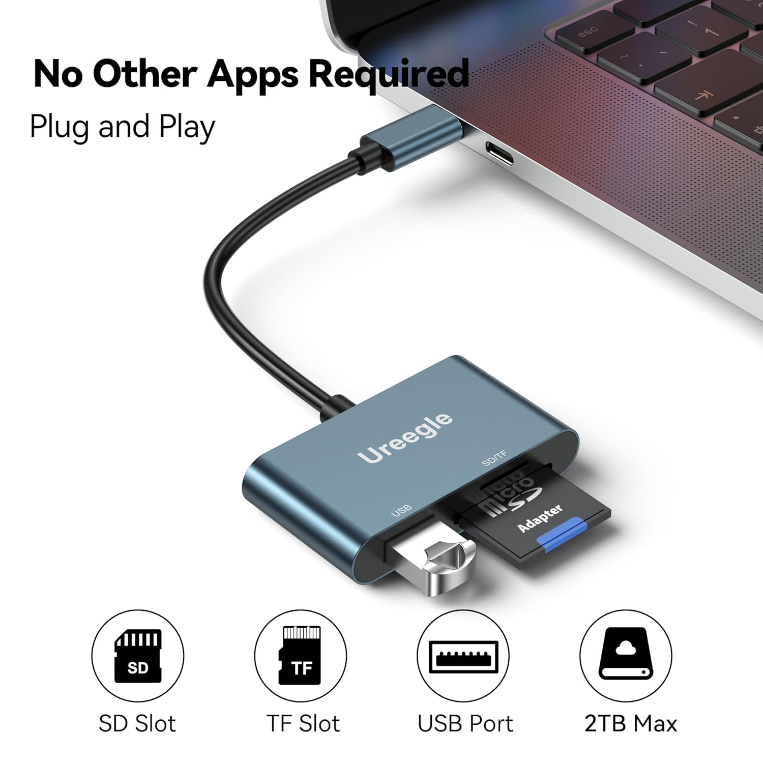 Lector de tarjetas USB C SD, adaptador de lector de tarjetas de memoria USB C a USB 3 en 1 de capacidad de 2 TB, adaptador de tarjeta micro SD para