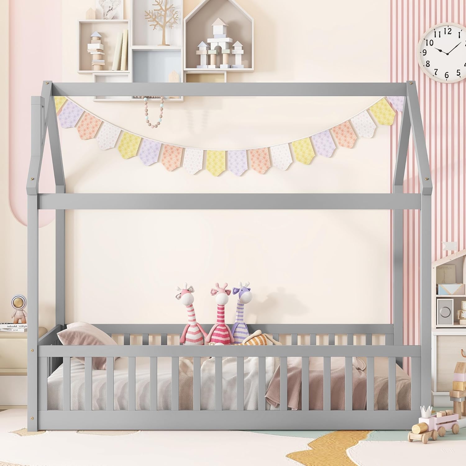 CITYLIGHT Base de cama de suelo de tamaño individual para niños, cama Montessori de madera con rieles y listones en forma de valla, cama individual