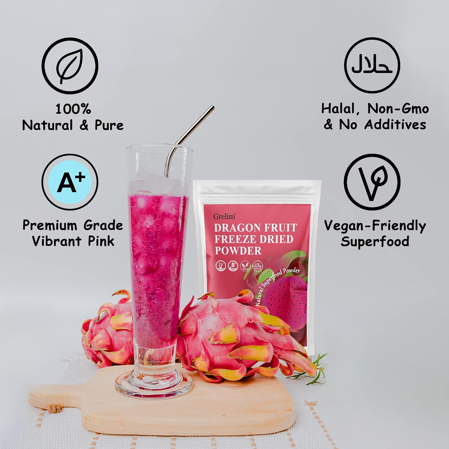 GRELIM Polvo de fruta del dragón 4.23 onzas, polvo de pitaya liofilizado, polvo de pitaya de fruta del dragón para batido 4.23 oz