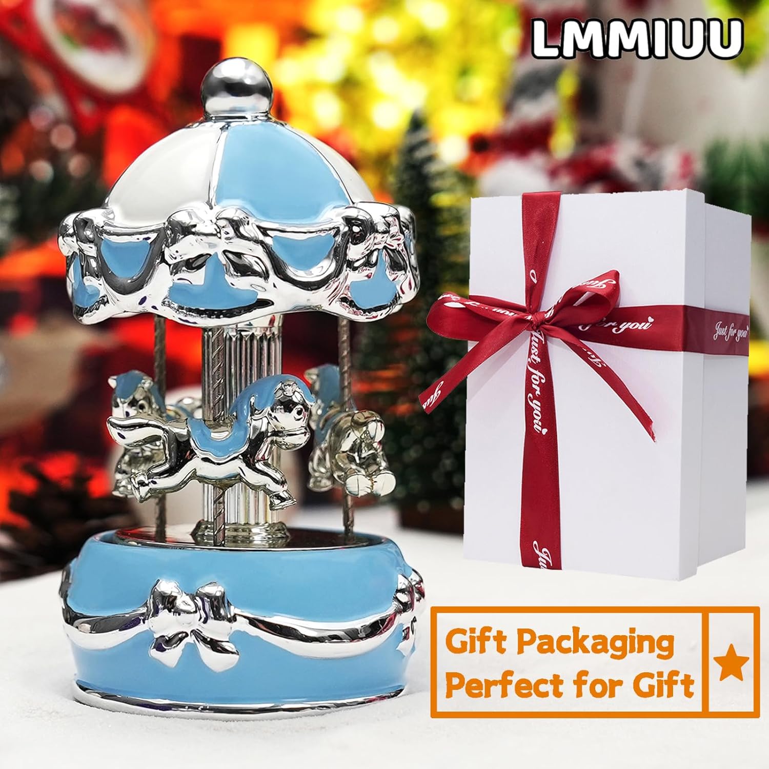 LMMIUU Caja de música de carrusel envuelta para regalo, carrusel musical de cerámica con luces que cambian de color, cajas de música para niñas,