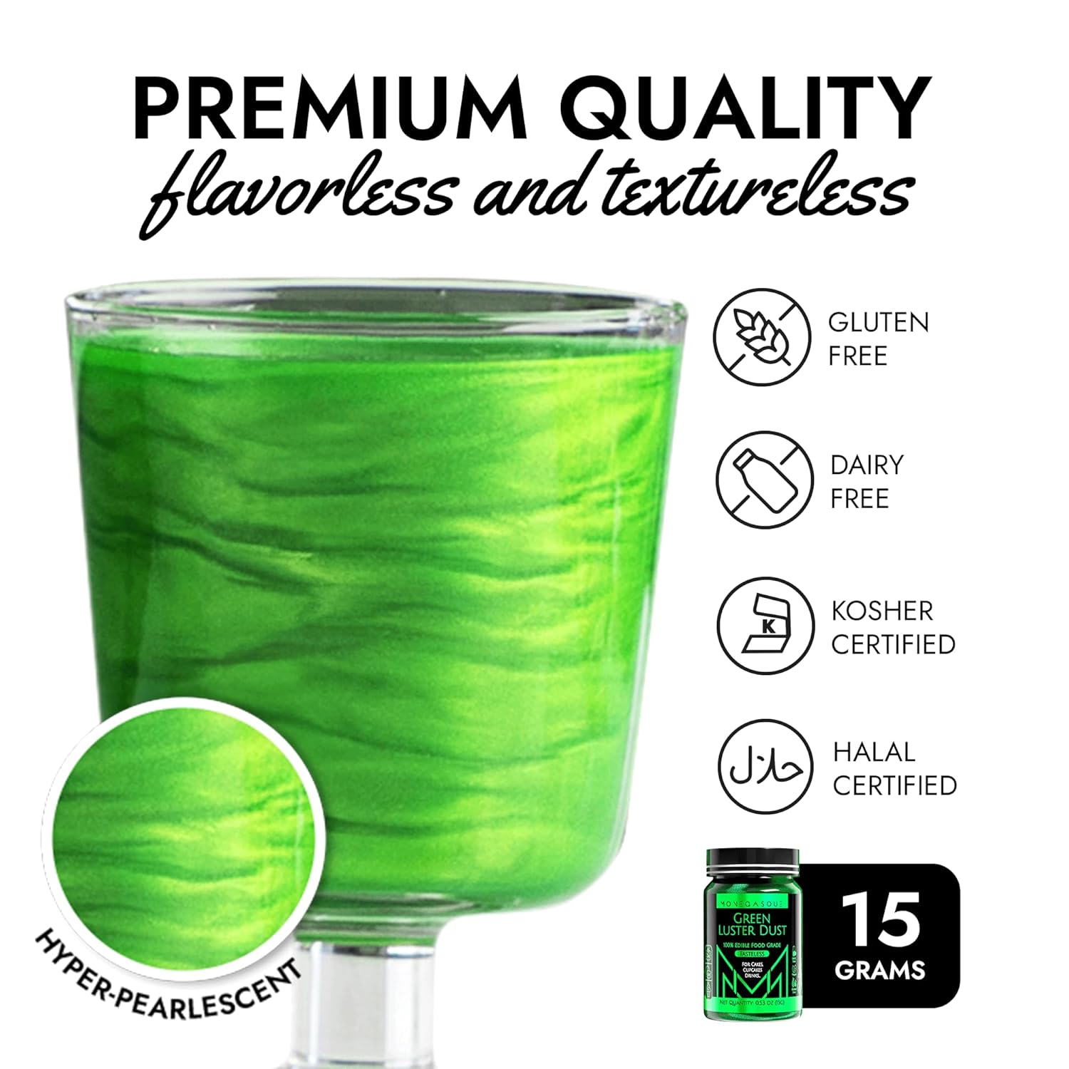 MONÉGASQUE Green Luster Dust – Purpurina comestible para bebidas y postres, 0.53oz, polvo verde comestible para pasteles y bebidas comestibles, sin