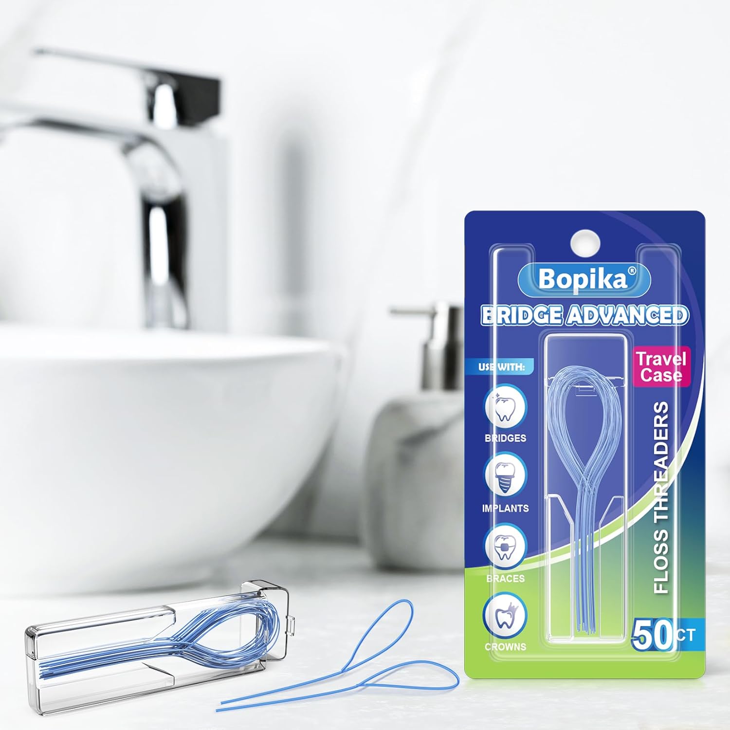 Bopika Enhebradores de hilo dental para frenos, puentes e implantes 100 unidades