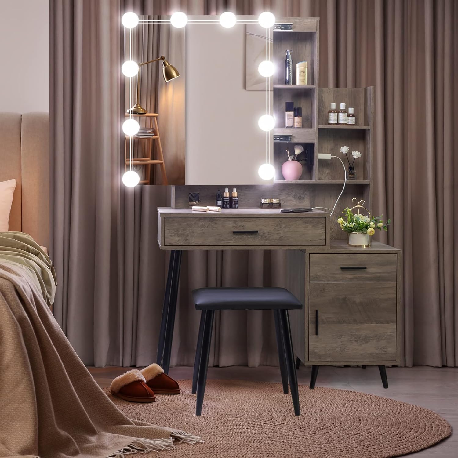 VINGLI Escritorio de tocador gris rústico con espejo deslizante y luces, tocador de maquillaje con 2 cajones, estantes ajustables y una puerta,