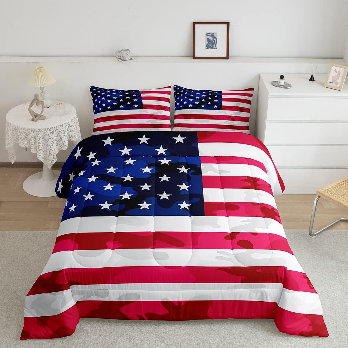 Feelyou Juego de ropa de cama con bandera estadounidense, diseño de bandera de Estados Unidos, edredón de bandera de camuflaje del ejército, edredón