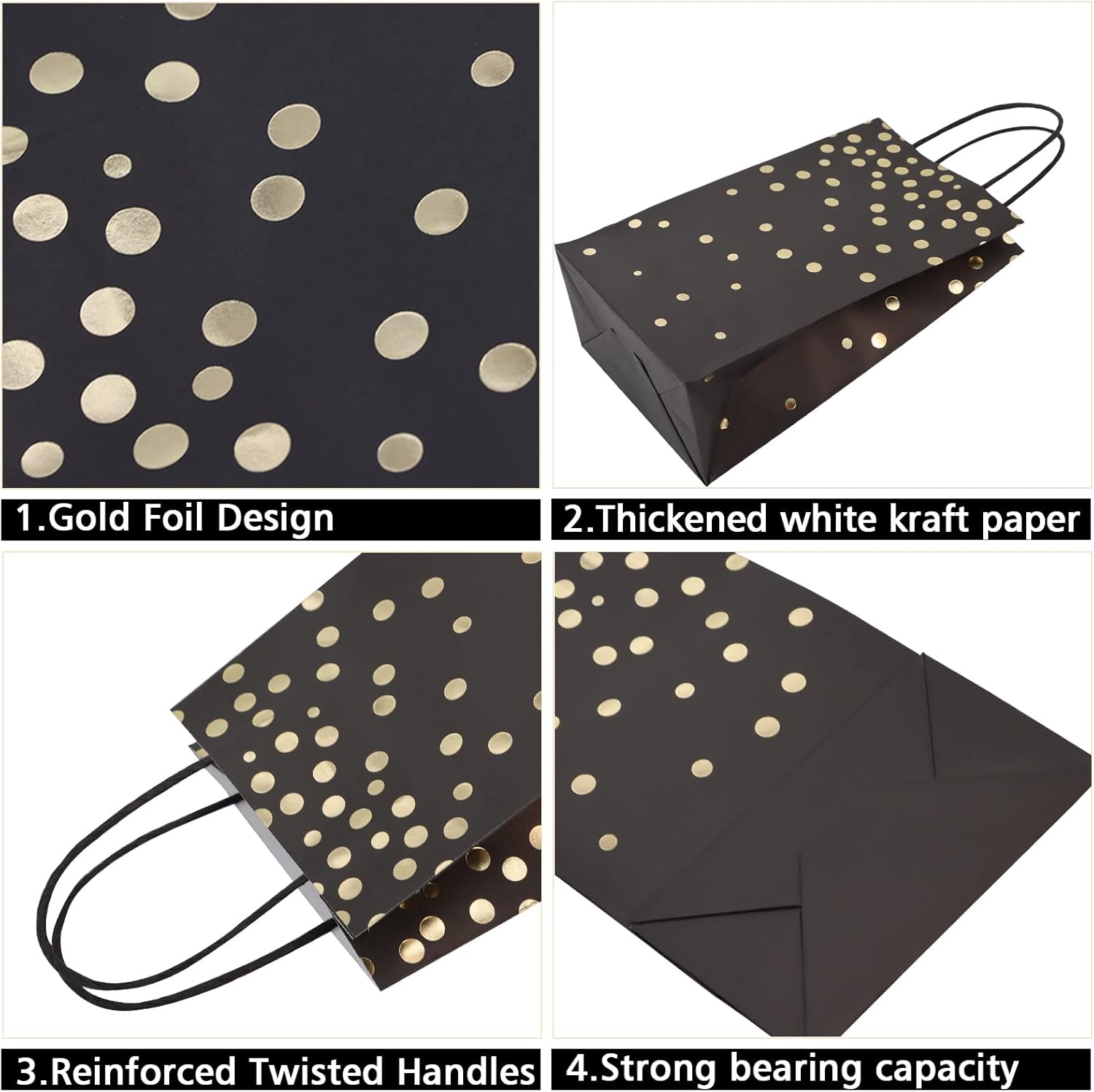 ECOHOLA Bolsas de regalo de papel de aluminio negro y dorado con asas negras, 25 piezas de lunares metálicos dorados para regalos, minoristas,