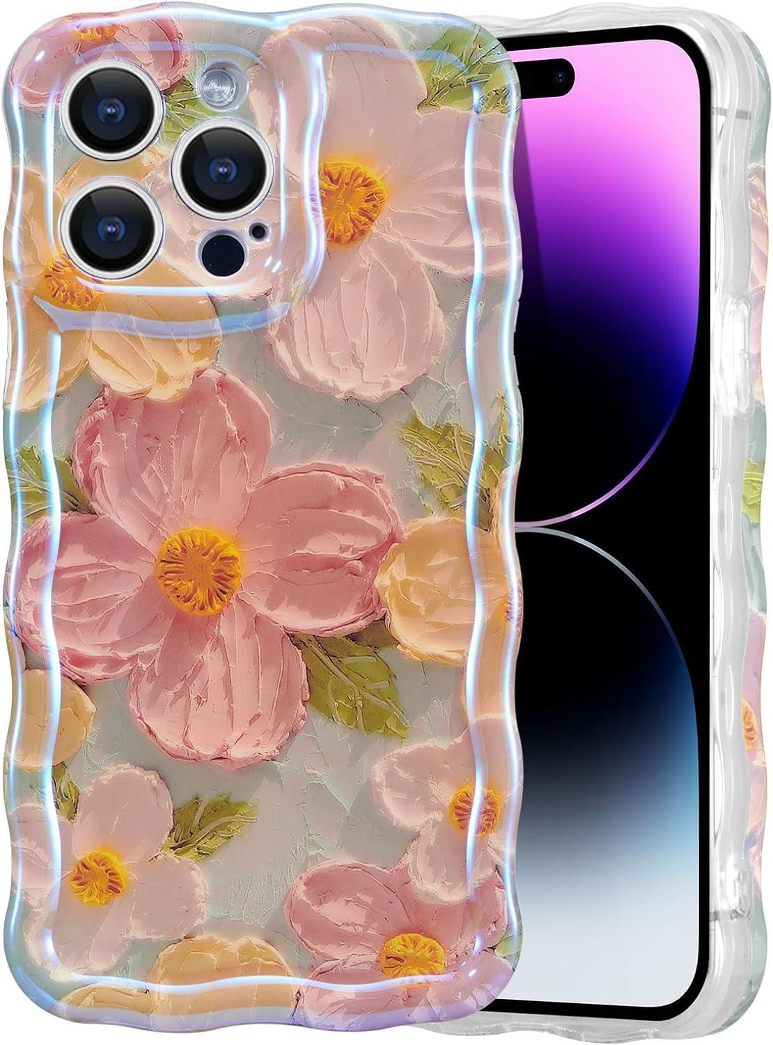 EYZUTAK Funda para iPhone 12 Pro, colorida pintura al óleo retro impresa flor láser patrón brillante lindo rizado borde exquisito teléfono cubierta