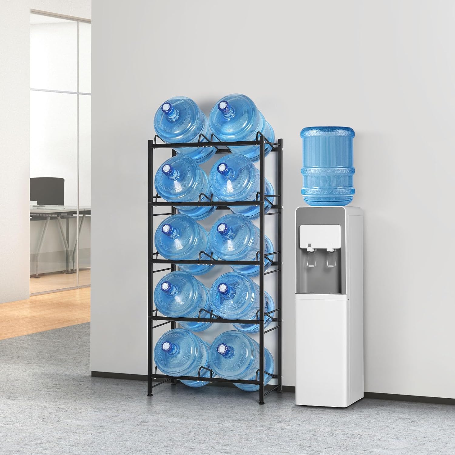 Soporte para botellas de agua de 5 galones de 5 niveles, enfriador de agua con 10 ranuras, estante de almacenamiento de jarra de agua resistente