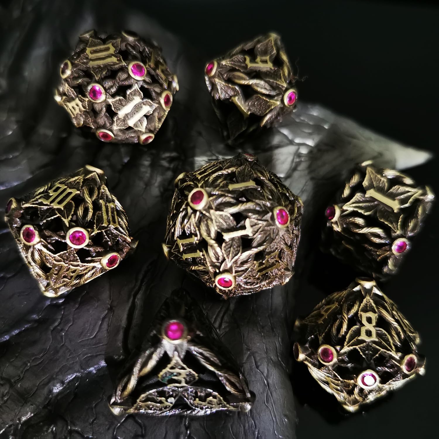 Juego de dados de metal con hojas de vid mágicas huecas, juego de 7 dados para juegos de rol, dados de D&D Dungeons and Dragons (bronce antiguo +