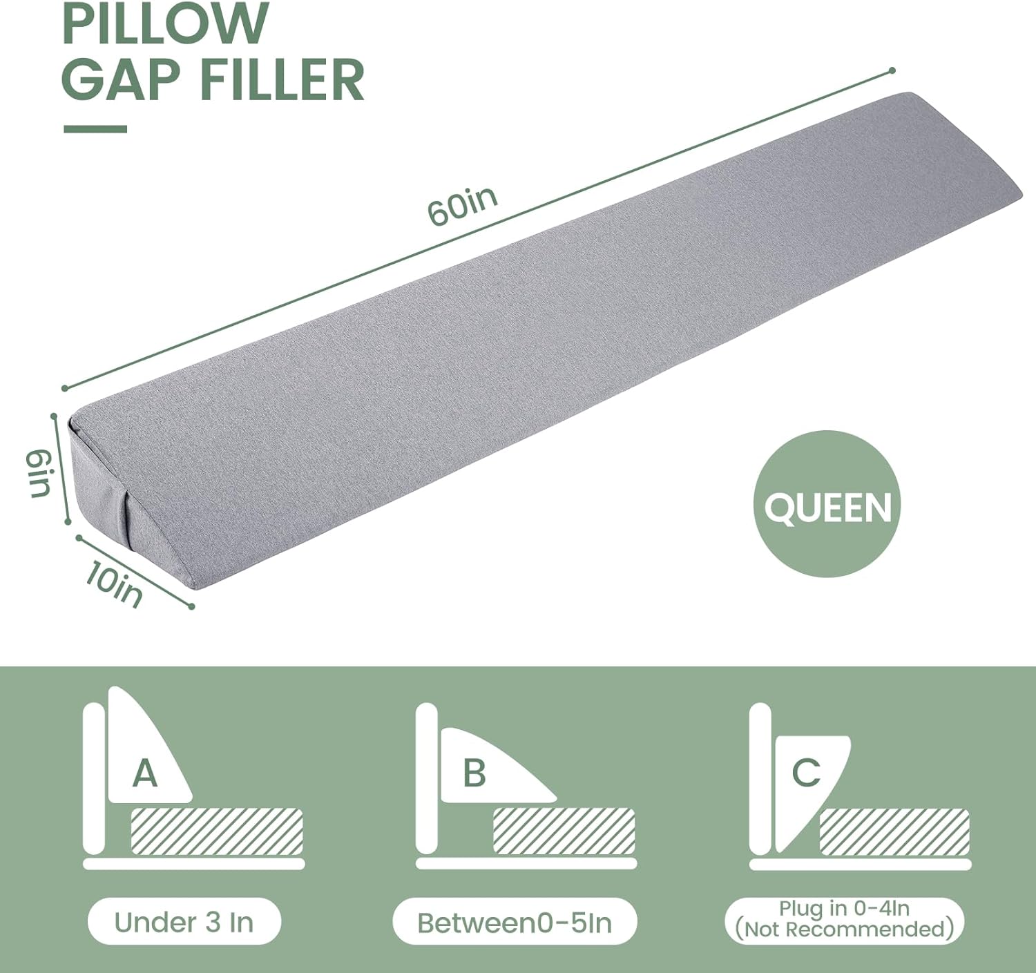 Almohada de cuña de cama para cabecero tamaño Queen (60 x 10 x 6 pulgadas), cómoda almohada de cuña para cabecero (0-5 pulgadas), almohada de cuña
