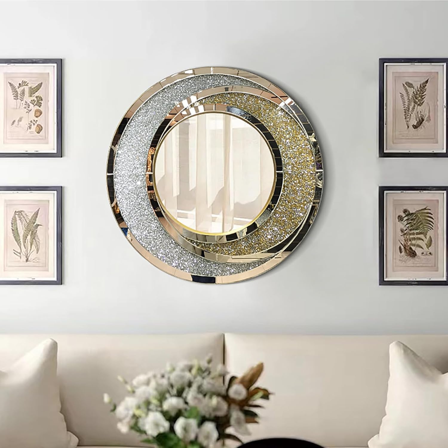 XOOFMASS Espejos de pared plateados decorativos, grandes espejos redondos de diamante para decoración de pared, modernos espejos de lujo decorativos