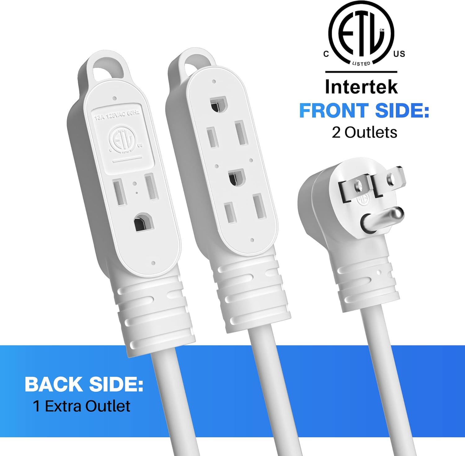 Cable de extensión de alimentación de 3 clavijas con múltiples tomacorrientes de 4 pies (paquete de 2), calibre 163, enchufe macho en ángulo de 90
