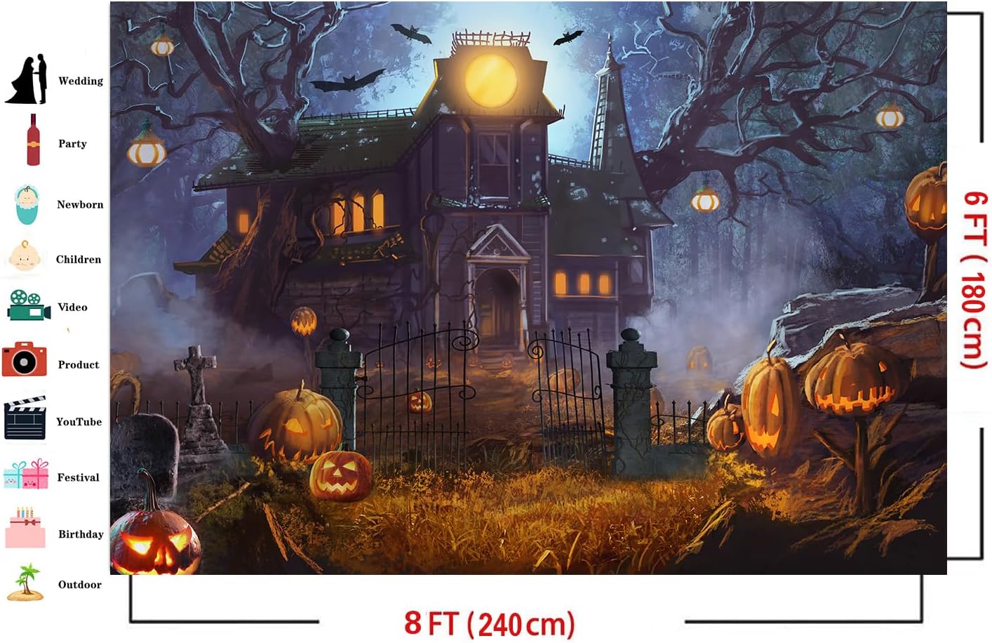 Dudaacvt Telón de fondo de Halloween de 8 x 6 pies, noche de terror, luna, cementerio, calabaza, farol, telón de fondo para Halloween, niños,