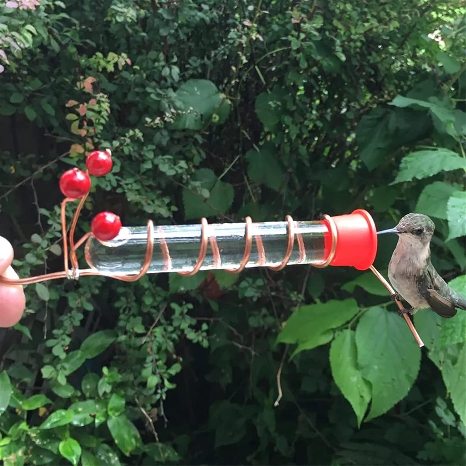Comedero creativo para colibríes para sombrero, 1 comedero de mano para colibríes con clips, tubo de alimentación de pájaros de bayas rojas para los