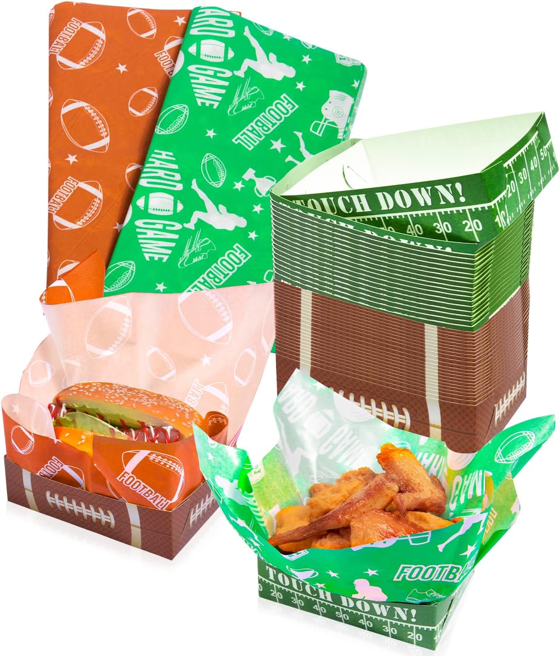 YAYIP Paquete de 50 bandejas de papel desechables con estilo de fútbol, bandejas para nachos y bandeja para perros calientes con papel de